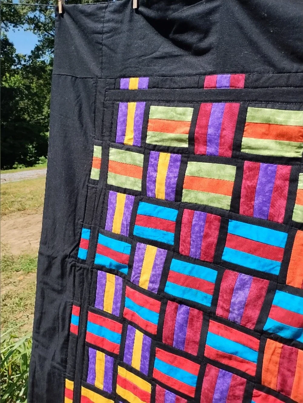 Quilt Handmade Stunning Colorful Squares Set On Black Approximately 49x50 New